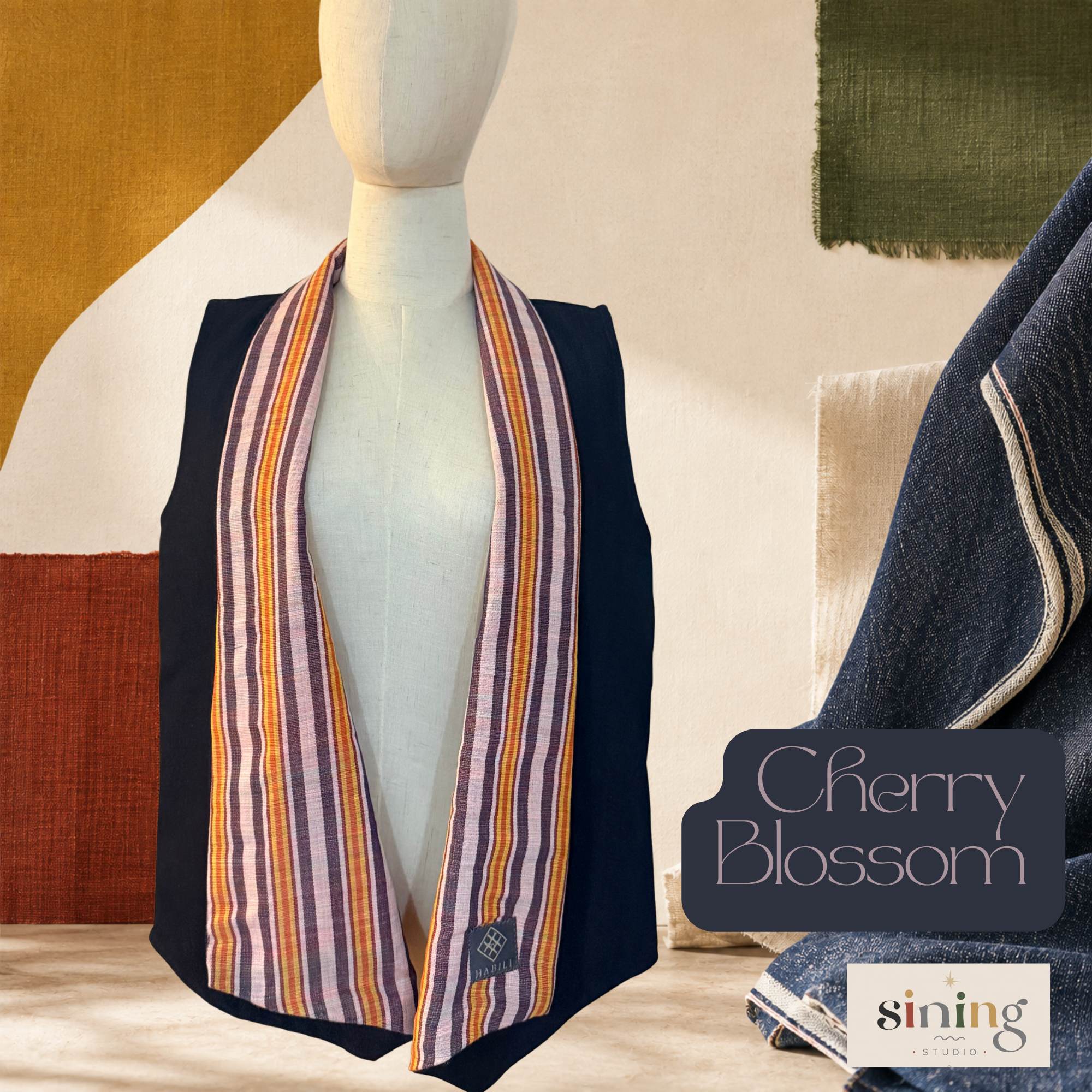 Raw Denim Waterfall Vest - Cherry Blossom