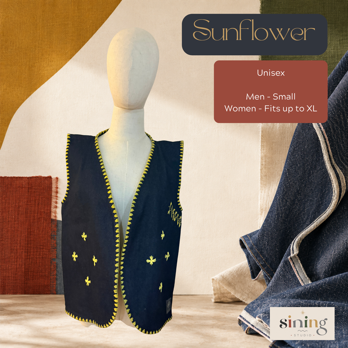 Raw Denim Open Vest - Sunflower (S-L)