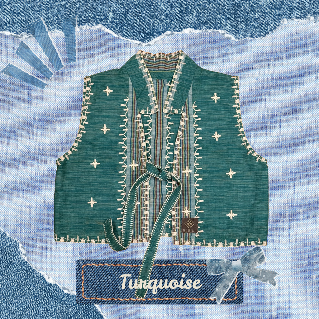 Hinabi Front Tie Vest - Turquoise